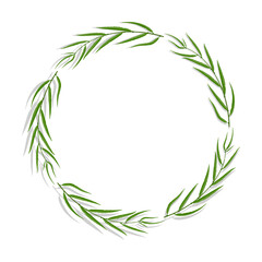 Willow tree frame with green leaves. Circle greeting card decorating, invitation cards. Colored vector isolated on white background © RNko