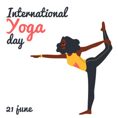 Naklejka premium International Yoga Day. African american woman doing yoga exercises. Flat vector illustration