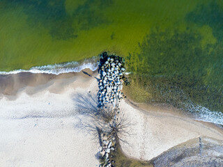 Aerial view landscape Poland Gdynia. View of beach and Baltic sea, sand, stones. Photo from a drone.