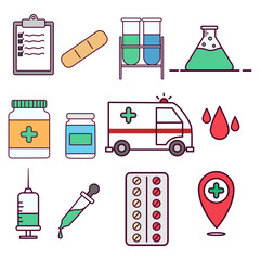 set of doodle hospital and virus elements on white background