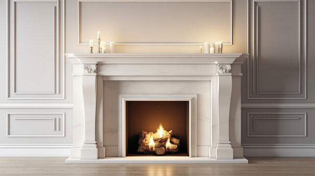 Large traditional fireplace with roaring fire. Empty mantle piece mockup shelf. Generative Ai
