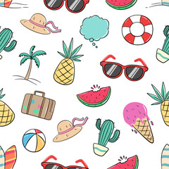 seamless pattern of cute doodle summer elements collection