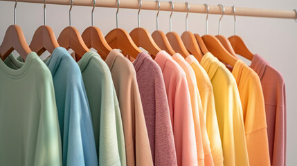 Row of colorful clothes on hangers in pastel rainbow colors. Generative Ai