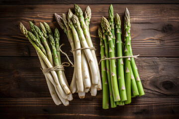 Top View Of Green And White Fresh Asparagus Bunches On Wooden Background - Generative AI