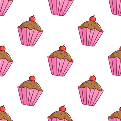 cute cupcake seamless pattern with doodle style