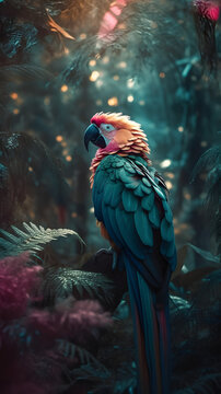Exotic colourful animals in magical exotic tropical garden
