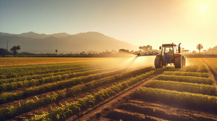 A tractor sprays pesticides on plantation field at sunset. Generative Ai