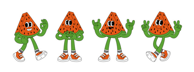 Fruit retro funky cartoon characters. Comic mascot of watermelon with happy smile face, hands and feet. Groovy summer vector illustration. Fruits flower berries juicy sticker pack.