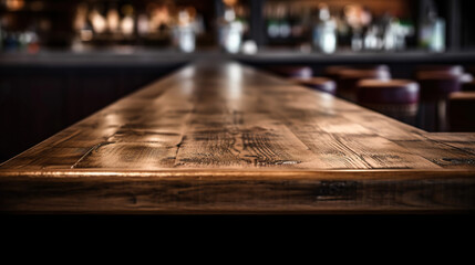 An empty wooden counter table top for product display in a pub or bar. Generative ai