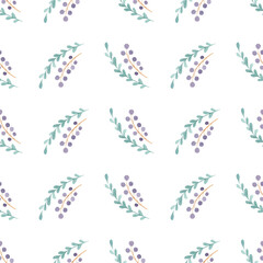 Delicate seamless watercolor pattern with berries flowers