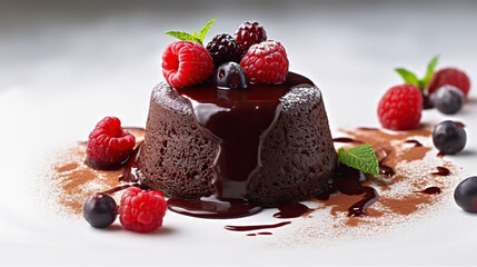 Molten chocolate cake with berries, close up ai illustration 