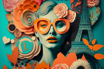 Paper art floral collage. Young woman colorful flowers. Eiffel tower background. Generative AI 