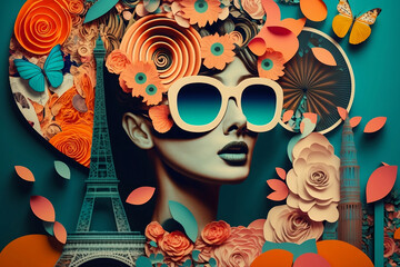 Beautiful fashion woman with huge sunglasses and Paris Backgrongnd. Paper art, floral collage. Generative AI