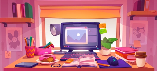 Workspace near window in girly room with pink walls. Vector cartoon illustration of teenagers workplace with desktop computer, drawing in scatch book, color pencils, snack on table. Home space for art