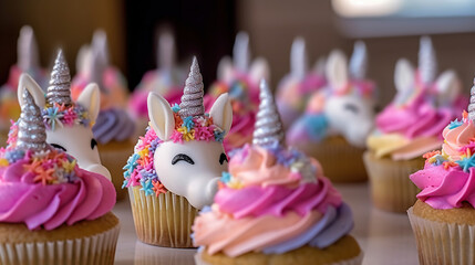 cute unicorn theme birthday party cupcakes. Generative ai