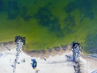 Aerial view landscape Poland Gdynia. View of beach and Baltic sea, sand, stones. Photo from a drone.