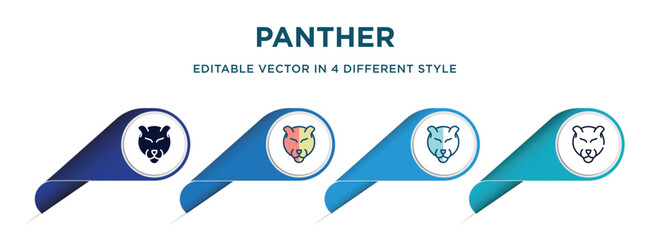 panther icon in 4 different styles such as filled, color, glyph, colorful, lineal color. set of vector for web, mobile, ui