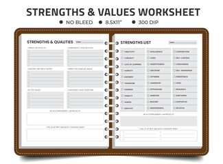 Strengths & Values Printable Worksheets Therapy, Mental Health, School Counselor Aid, Journal Logbook, Notebook Kdp Interior Design - obrazy, fototapety, plakaty