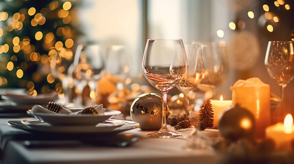 Christmas Family Dinner Table with blurred background. Generative Ai