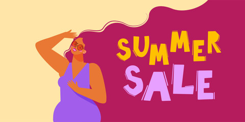 Flat vector illustration. Summer time, girl in sunglasses with long hair. Summer sale. Perfect background for posters, covers, flyers, banners.