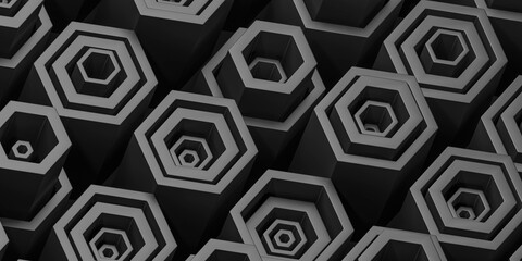 black and white hexagonal pattern 3d render illustration
