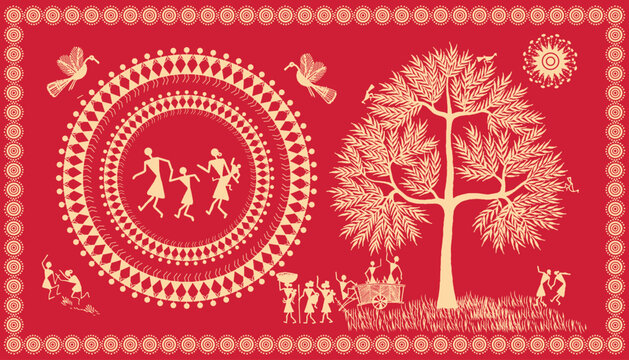 Warli Art: Celebrating Family Bonding with Nature. Wallpaper illustration, warli art, Vector. Warli Art Painting-Celebration in Tribal Village.