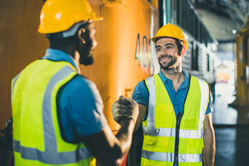 happy worker people join handshake team male working together friendship at industry workplace