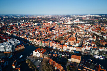 Fototapeta premium Aerial view of Gdansk city in Poland. Historical center in old town in european city. Panoramic view of modern european city