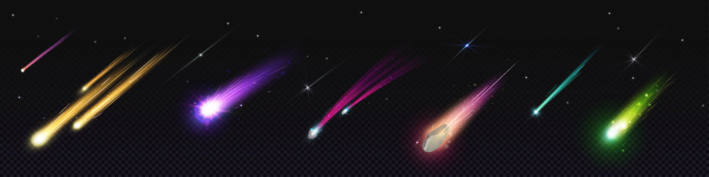 Realistic set of falling comets with speed trails. Vector cartoon illustration of meteor, asteroid or star flying down with colorful sparkling tail isolated on transparent background. Meteorite shower