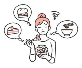 ダイエットで食事を我慢する女性のベクターイラスト素材／食事制限／糖質制限
