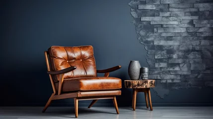 Deurstickers A beautiful and stylish brown leather armchair in front of a dark grey empty wall. Generative Ai © rorozoa