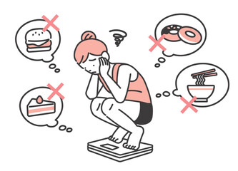 体重計に乗って悩む女性のベクターイラスト素材／ダイエット／増量