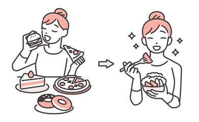 ダイエットで食生活を改善した女性のベクターイラスト素材／ダイエット／ヘルシー／食事制限