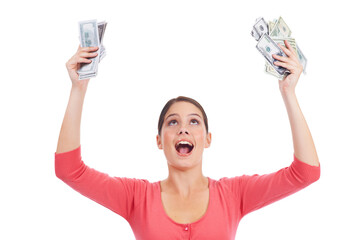 Studio money, celebration and woman excited for lottery win, competition prize or cash dollar...