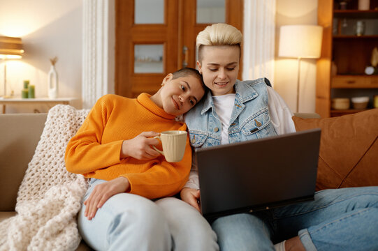 Happy loving lgbt woman couple watching video online using laptop