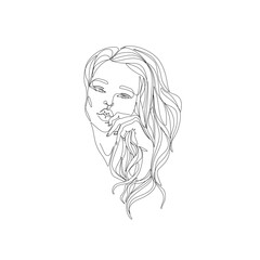 Woman with long hair abstract portrait, continuous line drawing, girl is a single line on a white background, Vector illustration. Tattoo, print and logo design for spa or beauty salon. 