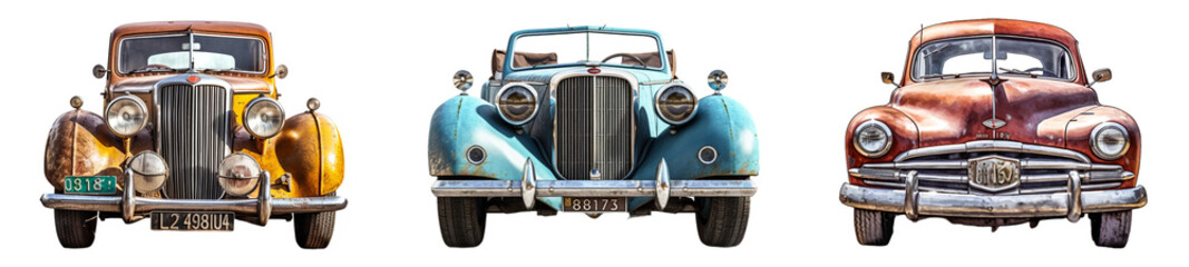 The front of three very old antique and brocante cars on a transparent background, Generative AI