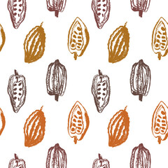 PNG cocoa fruits pattern seamless with cocoa bean hand drawn illustrations. Cacao beans wallpaper for chocolate packaging design, cocoa powder label, organic cacao butter backdrop. Cocoa cosmetics.
