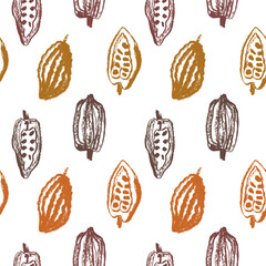 PNG cocoa fruits pattern seamless with cocoa bean hand drawn illustrations. Cacao beans wallpaper for chocolate packaging design, cocoa powder label, organic cacao butter backdrop. Cocoa cosmetics.