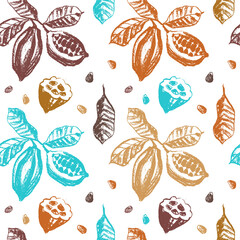 PNG cocoa fruits pattern seamless with cocoa bean hand drawn illustrations. Cacao beans wallpaper for chocolate packaging design, cocoa powder label, organic cacao butter backdrop. Cocoa cosmetics.