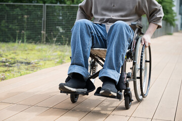 Obraz premium Wheelchair, unattended, aisle, outdoor, care, wheelchair, welfare, nursing home, nursing home, senior, elderly, Japanese, medical, elderly, hospital, wheelchair, helper, health, caregiver, copy space,