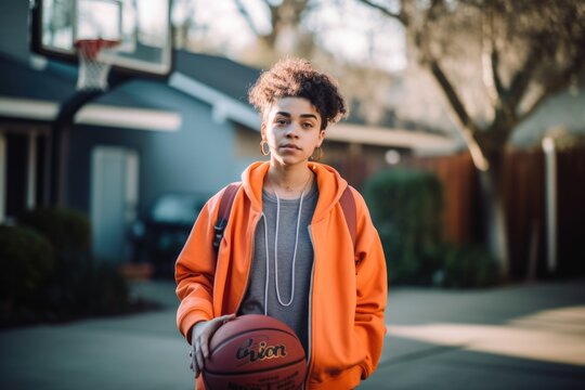 Non-binary Hispanic Teenager Playing Basketball Driveway Activity. Generative AI AIG23.