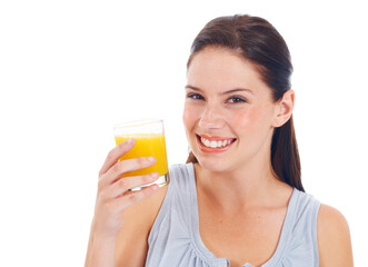 Orange juice, portrait and studio woman with glass drink for hydration, liquid detox or natural weight loss. Nutritionist wellness, vitamin c and happy female person isolated on white background