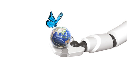 Earth Globe, blue butterfly  and robot hand. Biodiversity concept.
