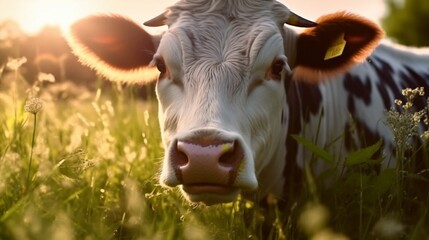 Generative AI. Real photo. Close-up of a cow eating grass. juicy green grass in the meadow. cow chews grass. Morning shooting time, golden hour. 