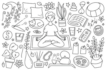 Meditation doodle icons, collection of pillows, candles, home fragrance, boy meditating in lotus pose, mindfulness practice vector illustration, isolated outline clipart on white background