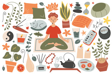 Meditation items collection, boy meditating in lotus pose, vector doodle illustrations of candles, pillows, plants, mindfulness practice set, isolated colored clipart on white background