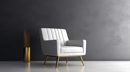 A beautiful and stylish white leather armchair in front of a dark grey empty wall. Generative Ai