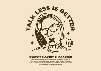 Vintage mono line art drawing of women with cross sign on the mouth