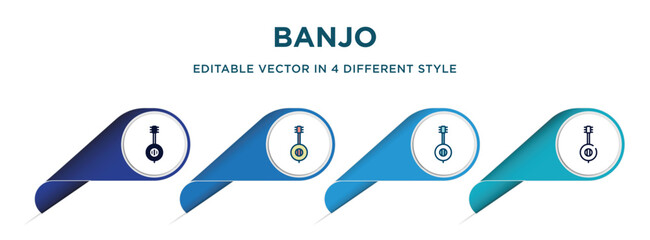 banjo icon in 4 different styles such as filled, color, glyph, colorful, lineal color. set of vector for web, mobile, ui - obrazy, fototapety, plakaty